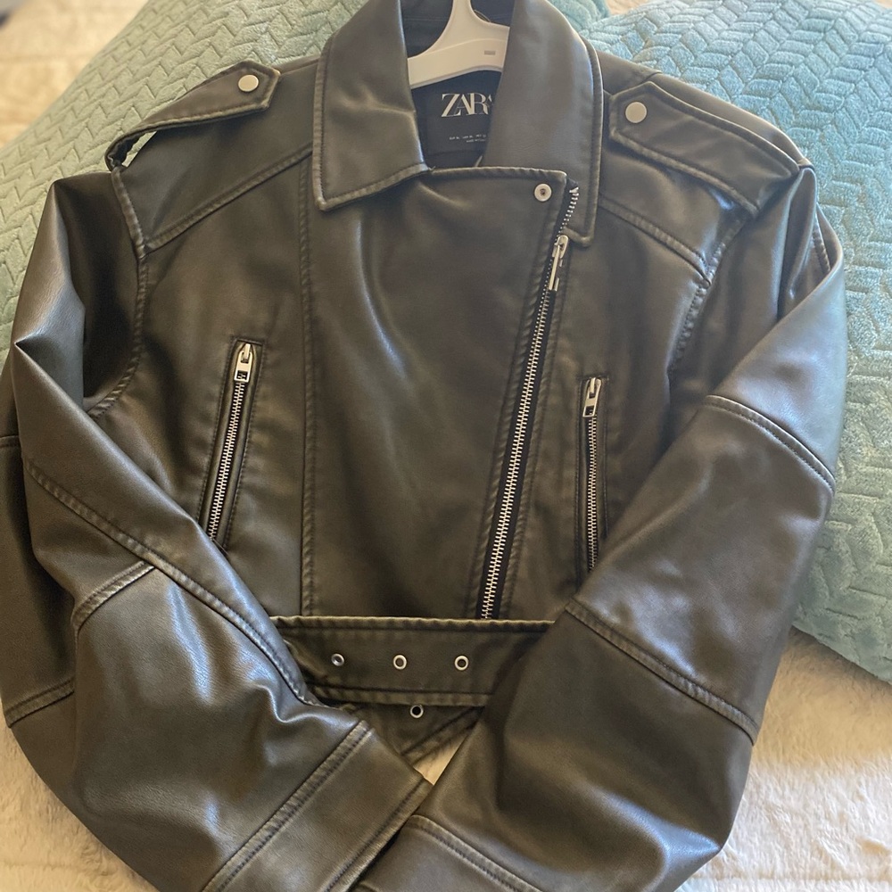 Zara, green faux leather motorcycle jacket